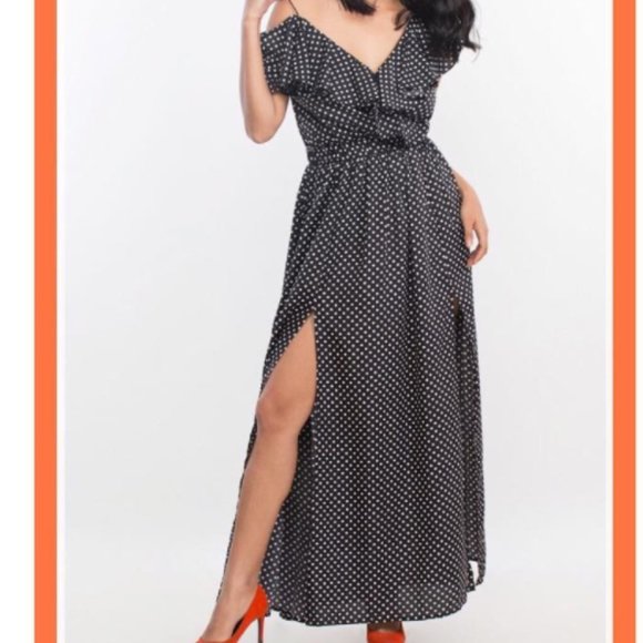 Black & White polka dot dress full length ruffles one shoulder prom dress - Picture 6 of 6